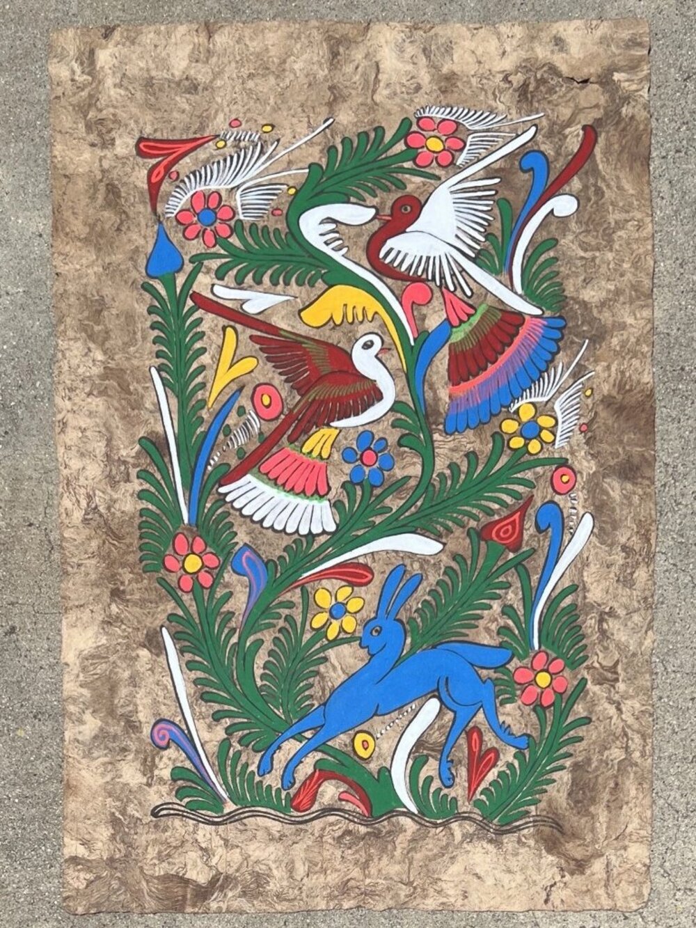Vintage Mexican Amate Bark Art Painting Folk Art Birds Blue Rabbit UV Reactive